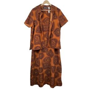 90s Vintage Boho Print Long Maxi Dress + Shirt 2 Piece Set Brown Earthy Size 12